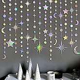 8 Pack Iridescent Moon & Star Garland (4 Styles × 2 Sets), 3.5m Holographic Hanging Decorations for Party, Wedding, Baby Shower, Ramadan, Eid & Christmas