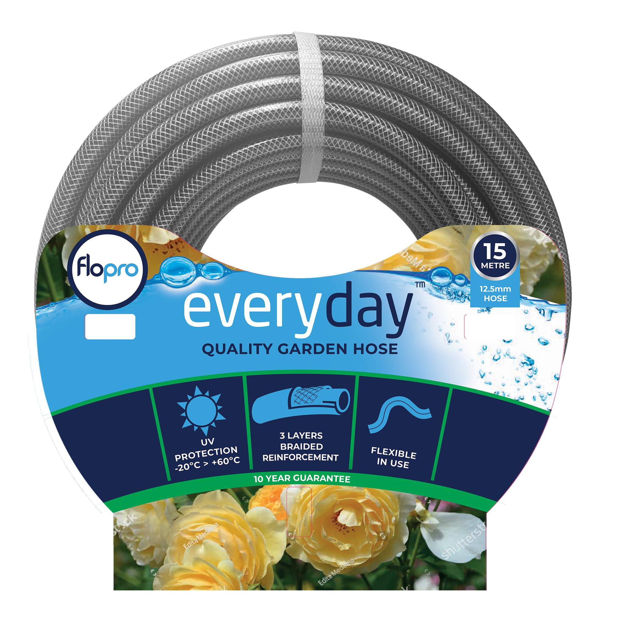 FLOPRO - Everyday Garden Hose Pipe ø 12,5mm (1/2") 15m: 3 Layer Braided Reinforced Hose. Flexible in use, General Purpose & Durable Hose Pipe. UV Resistant & Weather Proof - 10 Year Guarantee