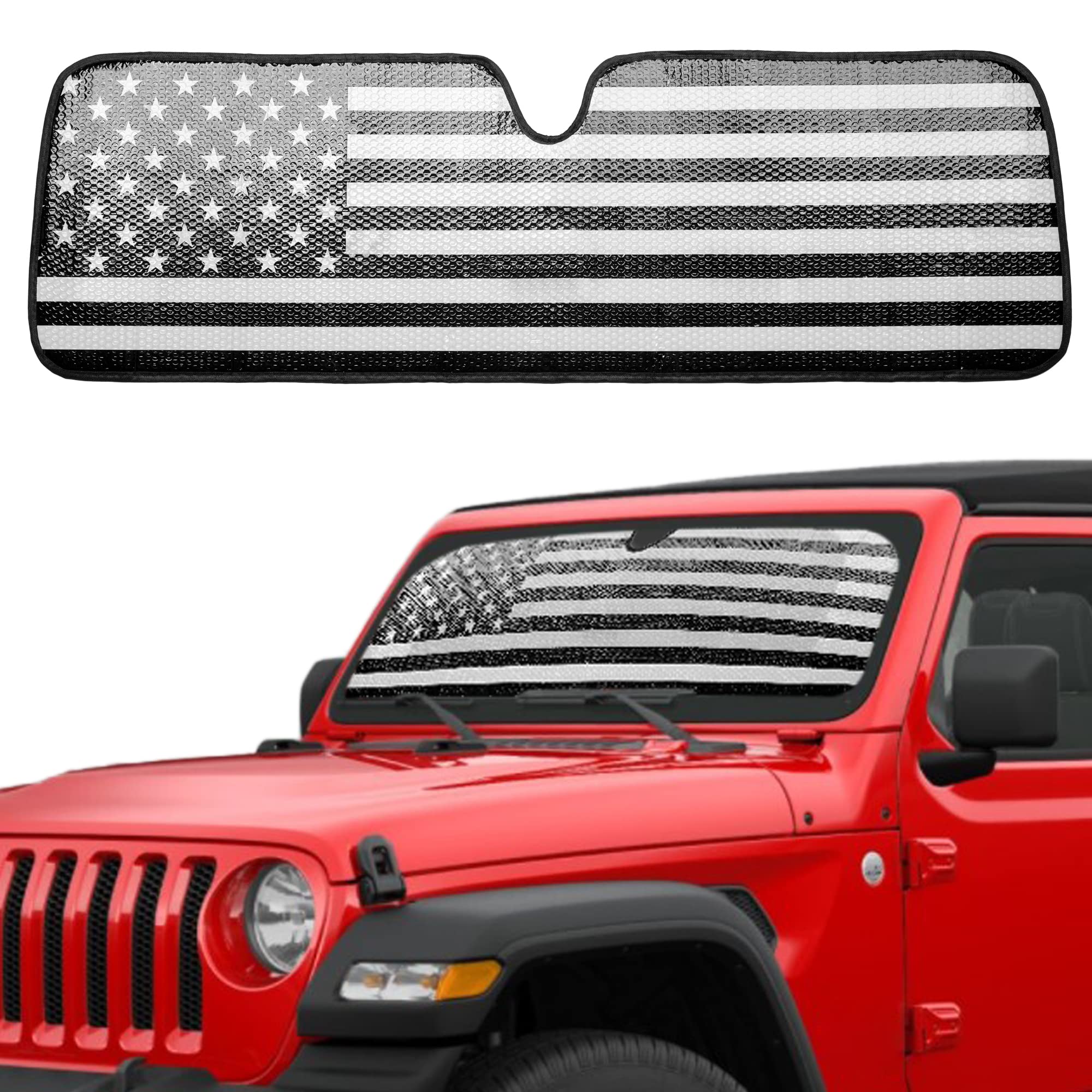 Photo 1 of Litivy Windshield Sun Shade Compatible with Jeep Wrangler JK JKU JL JLU 1997-2023 & Jeep Gladiator JT 2020-2023 16.5"x52.5" Folding Front Window Sun Shade for Car Accessories (American Flag)