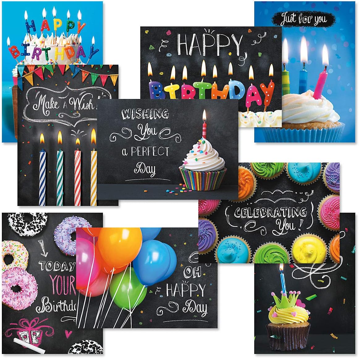Bright Blackboard Birthday Greeting Card Value Pack – Set of 18 (9 Designs), Large 5 x 7 inches, Envelopes Included, by Current
