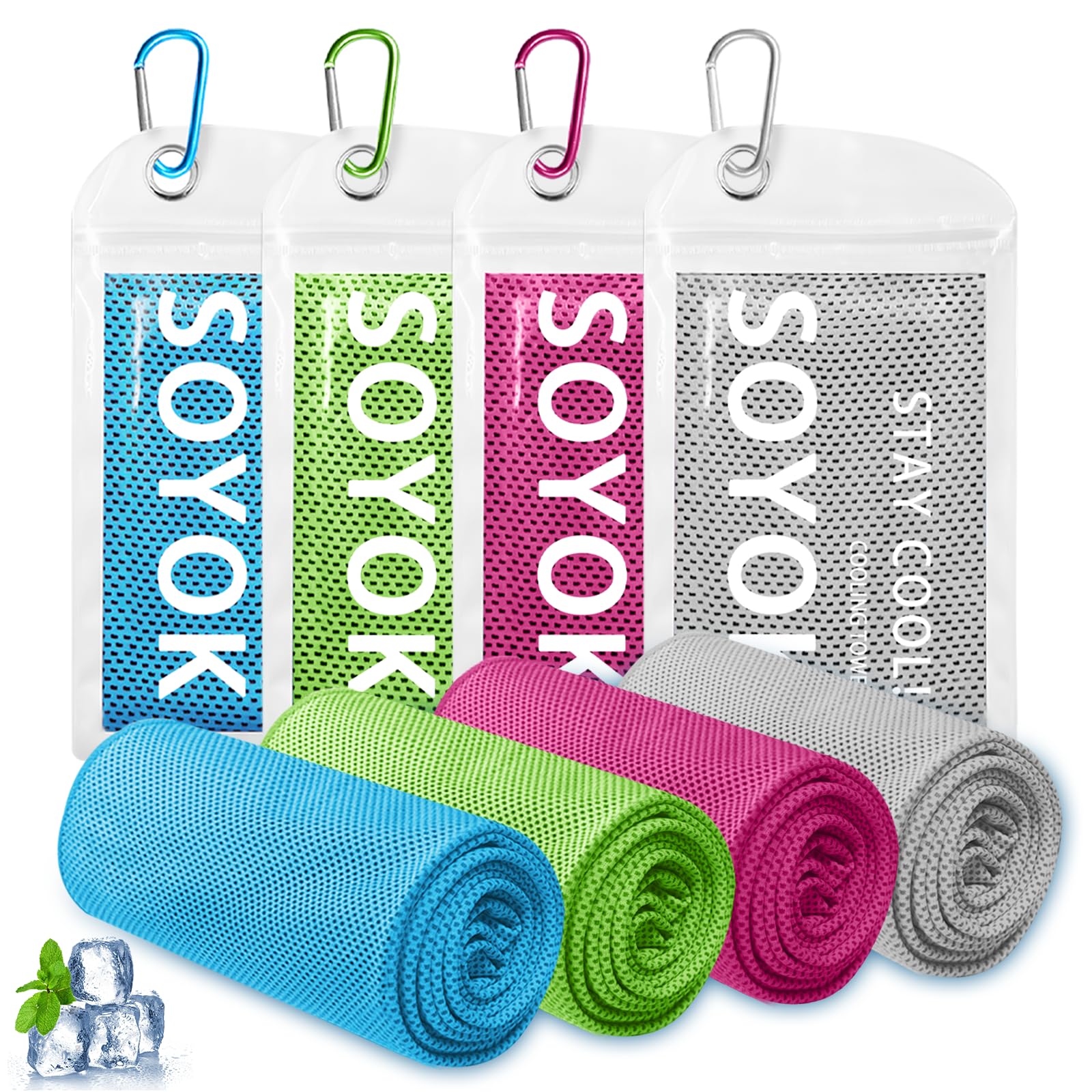 Photo 1 of 4 Packs Cooling Towel, 40" x 12" Microfiber Cooling Towels for Neck and Face, Soft Breathable Gym Towel for Working Out with Waterproof Bag & Carabiner, Sweat Towels for Running, Yoga, Travel, Climb