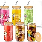 Maxcheck 6 Set 16 oz Christian Gift Faith Floral Glass Tumblers Cups with Lids and Straws for Women Inspirational Appreciation Bible Verse Drinking Cup Religious Coffee Cup Birthday Mom Gift