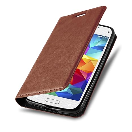 Cadorabo Hülle für Samsung Galaxy S5 Mini / S5 Mini DUOS - Hülle in Cappuccino BRAUN – Handyhülle mit Magnet, Standfunktion u