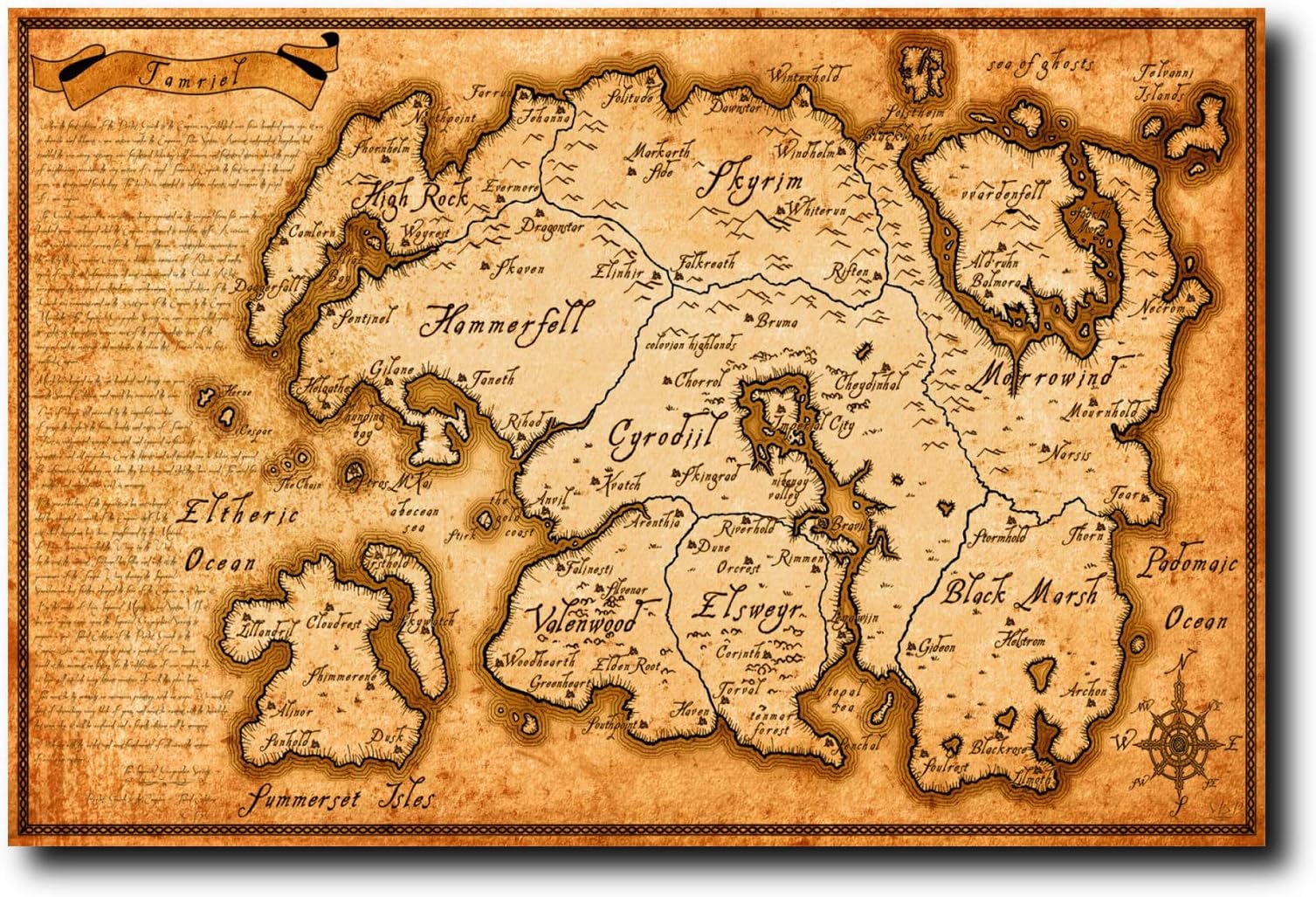 Mile High Media Elder Scrolls Map of Tamriel Poster 24x36 Inch Wall Art Portrait Print