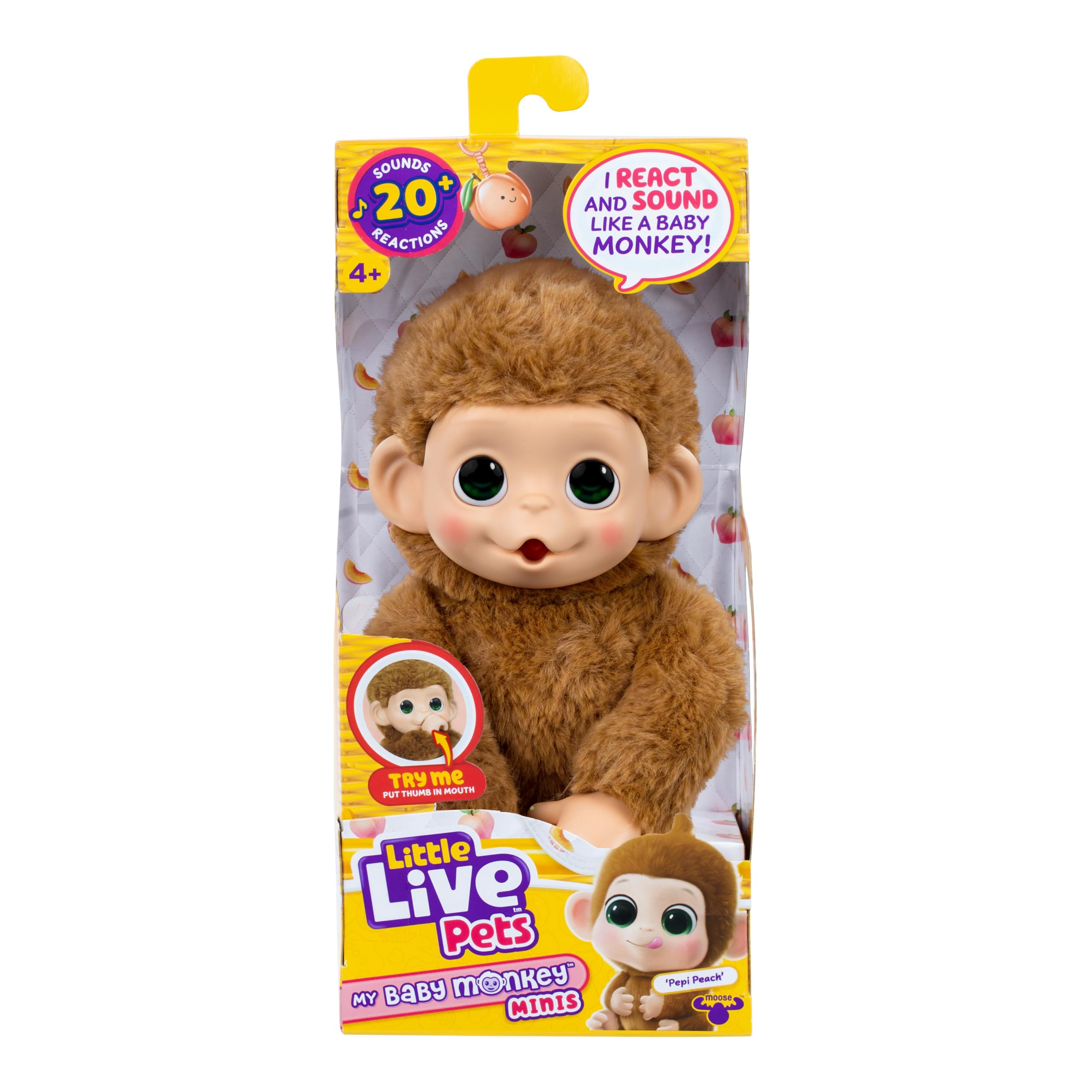 Little Live Pets Baby Monkey Minis – Pepi Peach. Interactive Pet Toy. 20+ Sounds & Reactions. Soft Brown Fur, 7.4" Tall. Super Realistic. Feed, Nurture, React. Grippy Hands & Feet. Collect All 3