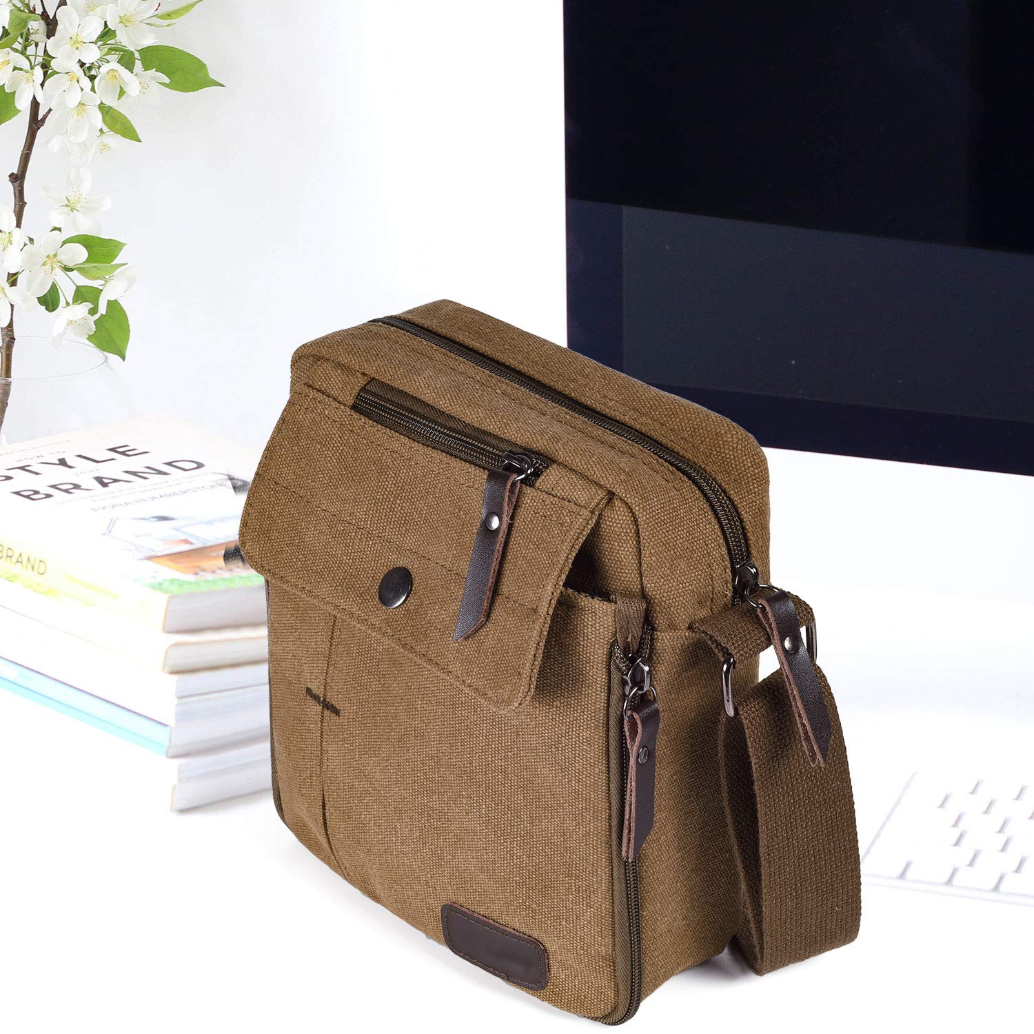 dealcase Canvas Vintage Small Messenger Bag for Men Women, Mini Crossbody Bag Shoulder Bag Travel Bag, Multi-pocket Purse