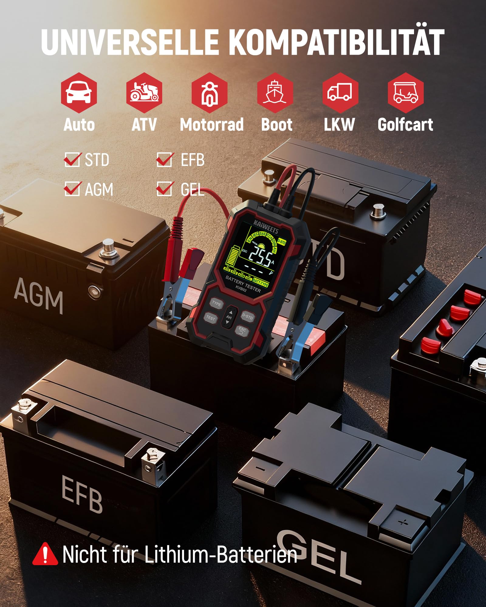 KAIWEETS Batterietester KFZ 12V/24V Digital Autobatterie Tester 50–2000 CCA mit SOH/SOC Analyse LCD Batterie Prüfgerät mit Cranking-Test für Auto SUV Motorrad 4