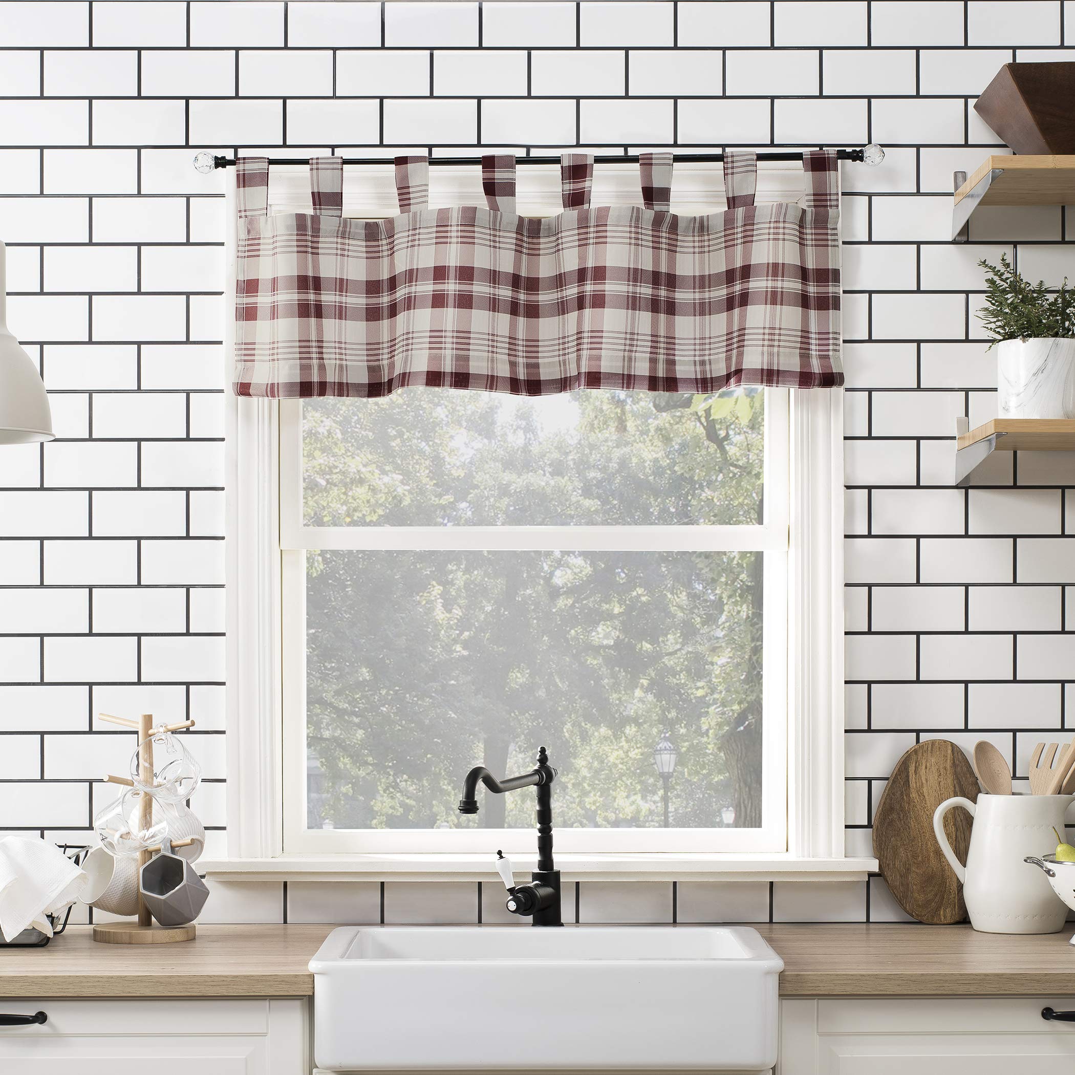 No. 918 Blair Farmhouse Plaid Semi-Sheer Tab Top Kitchen Curtain Valance, 52" x 14", Red/Ecru Off-White