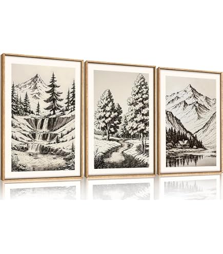 Kate And Laurel Sylvie Set Di 3 Quadri – Mucca Highland, Paesaggio Montano E Alberi Sempreverdi – Cornici Naturali 23x33 Cm, Tela Lino