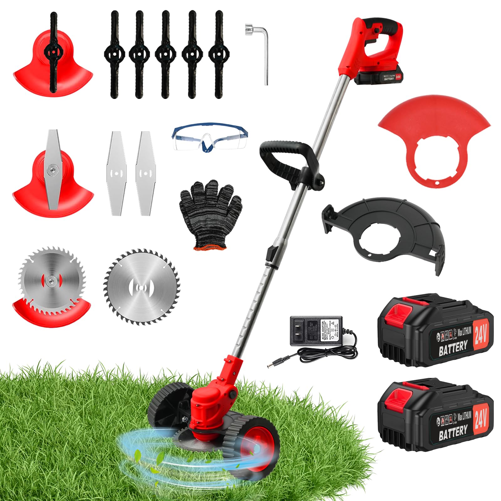 Photo 1 of 24V Electric Weed Wacker Grass Trimmer with 2pcs Batteries & Fast Charger, 3 in 1 Stringless Lightweight Brush Cutter/Edger/Mower with 3 Types Blade & Wheels for Garden and Yard Lawn
