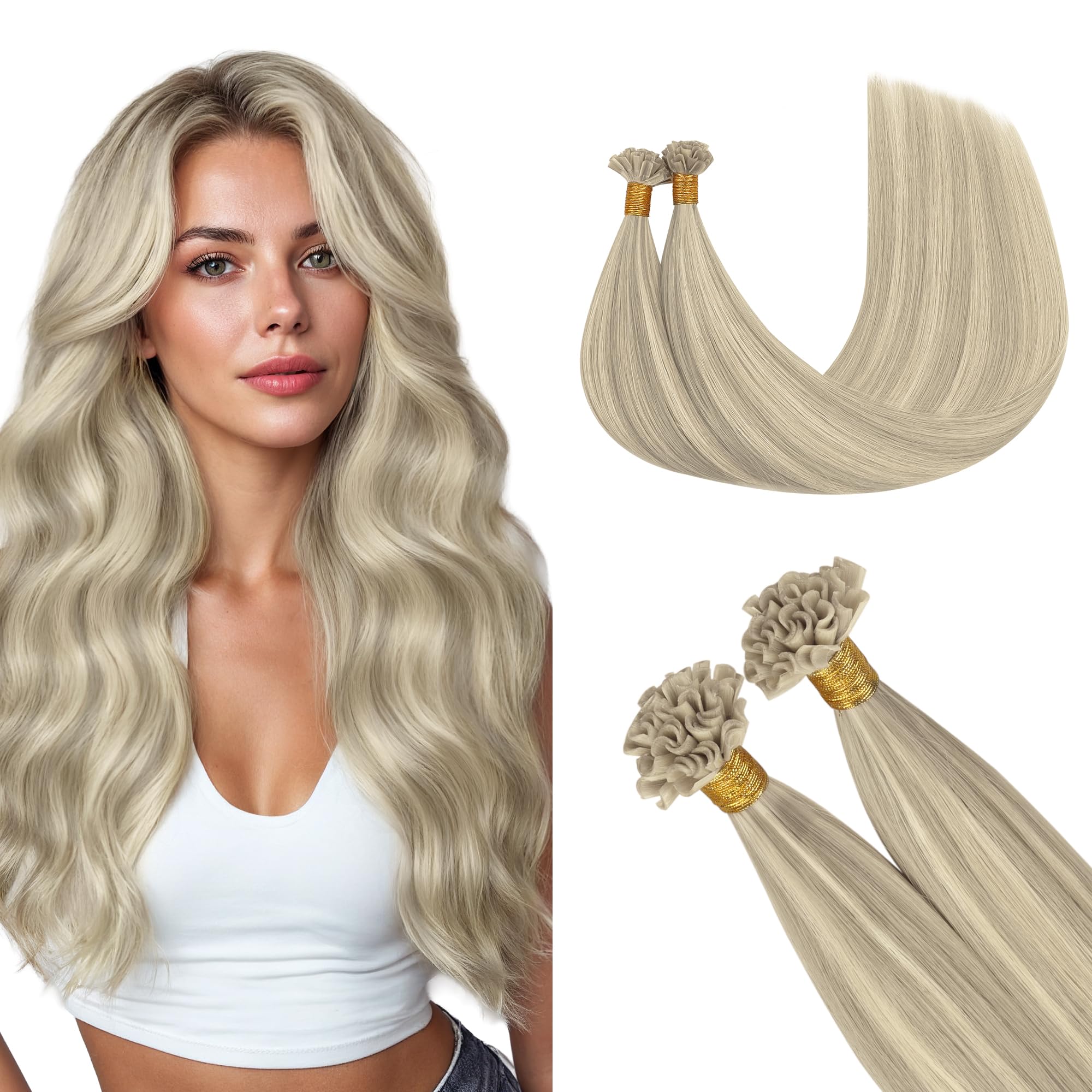 GOO GOO U Tip Hair Extensions Real Human Hair,Ash Blonde Highlighted Platinum Blonde 50g 20inch 50 Strands Hot Fusion Keratin Hair Extensions, Straight โ image 1