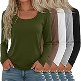Sweetyweee 5 Pack Women's Long Sleeve Shirts Scoop Neck Tops Loose Fit Tshirt Pullover Undershirt Basic Fall Layer Casual Tee