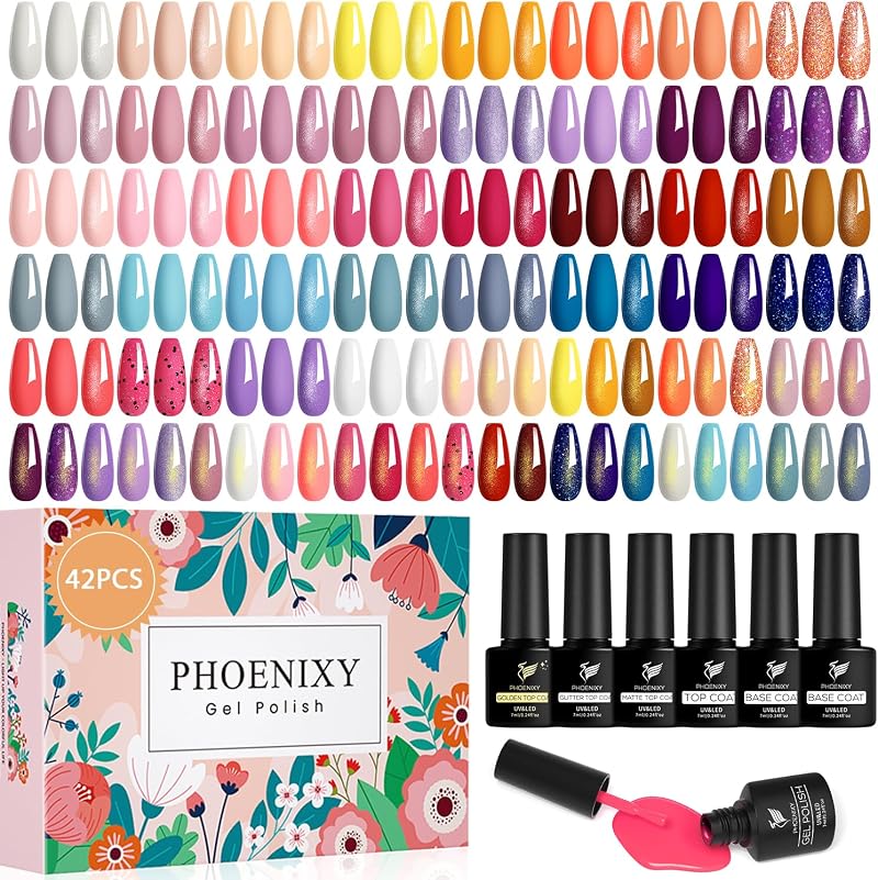 Phoenixy Gel Nail Polish Set 42 Pcs UV/LED Soak Off Glossy Matte Top Coat