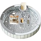 Joyshiny 11” Rotating Makeup Perfume Organizer,Silver Glass Vanity Tray fits Dresser Bedroom,Round Perfume Display Holder,Crushed Diamond Home Decor,Gift Idea for Women