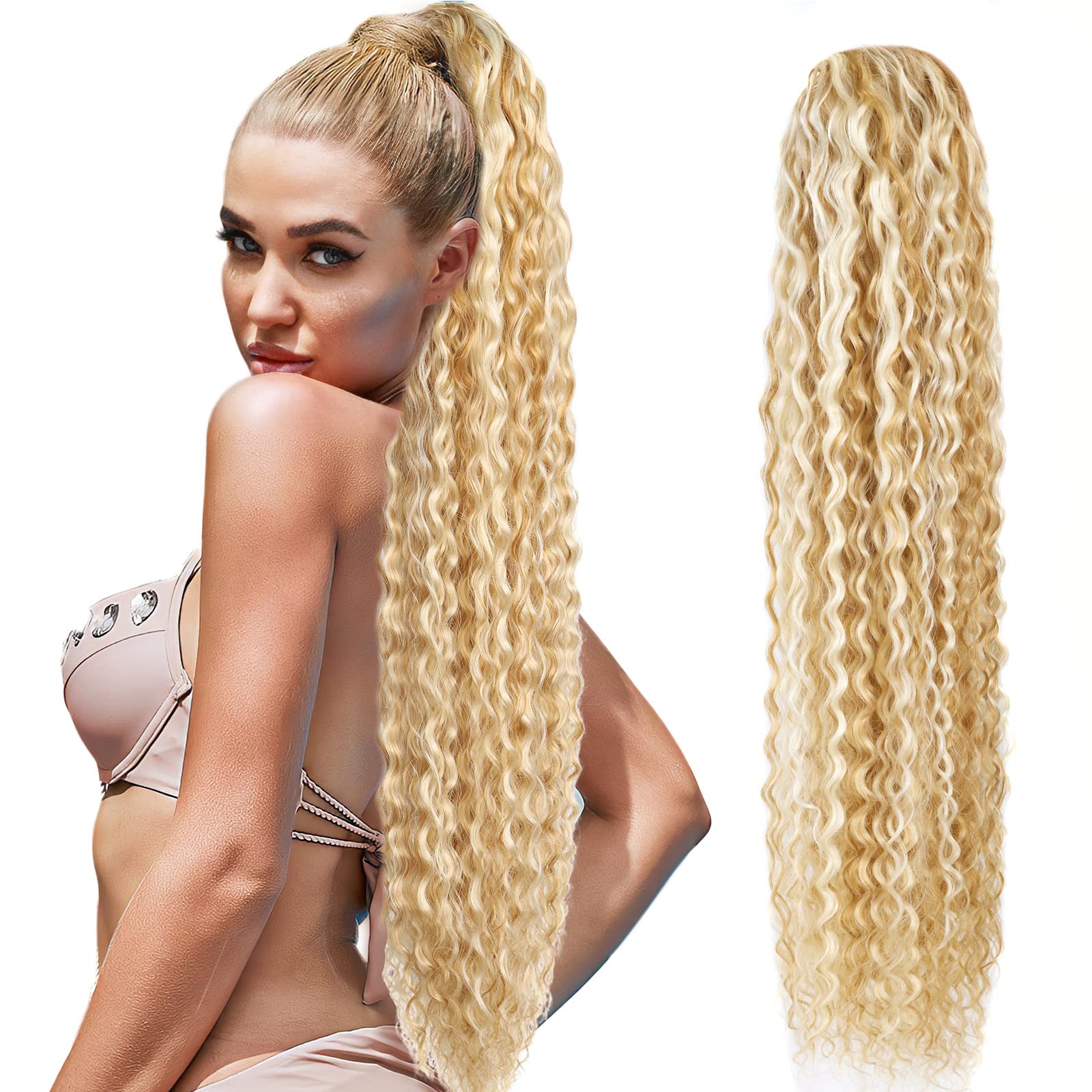 Drawstring Ponytail Extension, 30 inch Long Curly Ponytail Hair Extension Synthetic Hairpiece for Women (P18/613#)