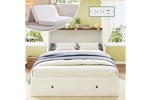 AMERLIFE Queen Murphy Bed Cabinet with 6" Tri-Fold Memory Foam Mattress, Storage Drawer & Charging Station, Space-Saving Guest Bed for Home Office, Distressed White