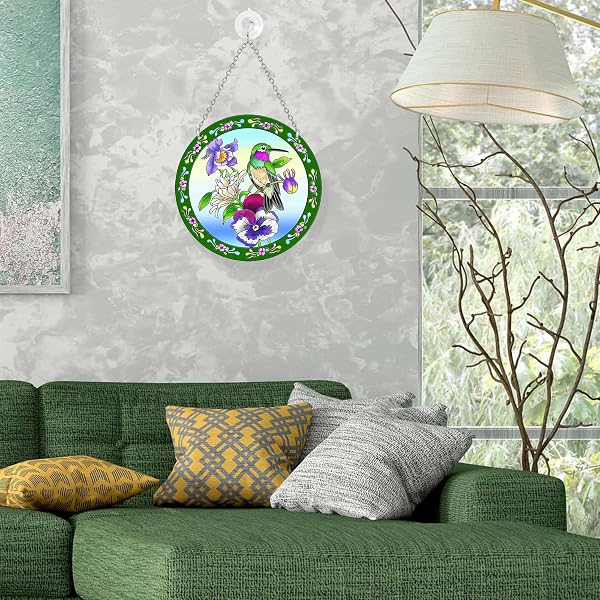 ANFURI HUMMINGBIRD STAINED GLASS SUNCATCHER ROUND, WINDOW HANGING WITH CHAIN & HOOK, GIFT-BOXED FLORAL BIRD WINDOW DECOR, GIFT FOR MOM & GRANDMA (8.6IN)