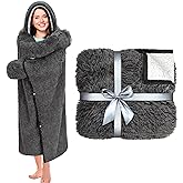Happy Fuel Dark Grey Wearable Throw Blanket Hoodie for Women- Thick Cozy 52"X60" Sherpa Fleece Shaggy Decor for Couch, Bed & Sofa - Soft Fuzzy Faux Fur Hooded Gray Throw Blankets for Adults