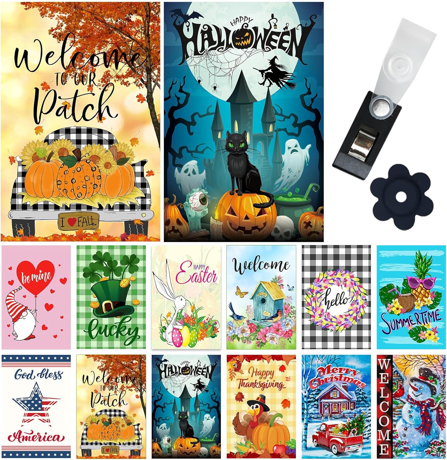 Flags - Yileqi Seasonal Garden Flags Set of 12 Double Sided Easter Spring Garden Flag, Small Yard Flag for Holiday Outdoor Decorations 12.5x18 Inch, with Free Anti-Wind Clip and Stopper