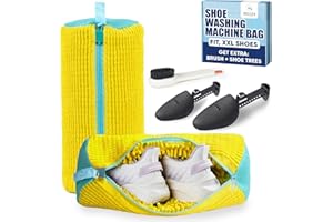 SELLZA Shoe Washing Machine Bag – 2 Pcs Reusable Shoe Washing Bag with Brush & Shoe Trees, 360° Deep Cleaning Durable Sneaker Washing Machine Bag, Fits All Shoe Types & Sizes (Yellow, 14.8 × 7.4 Inches)