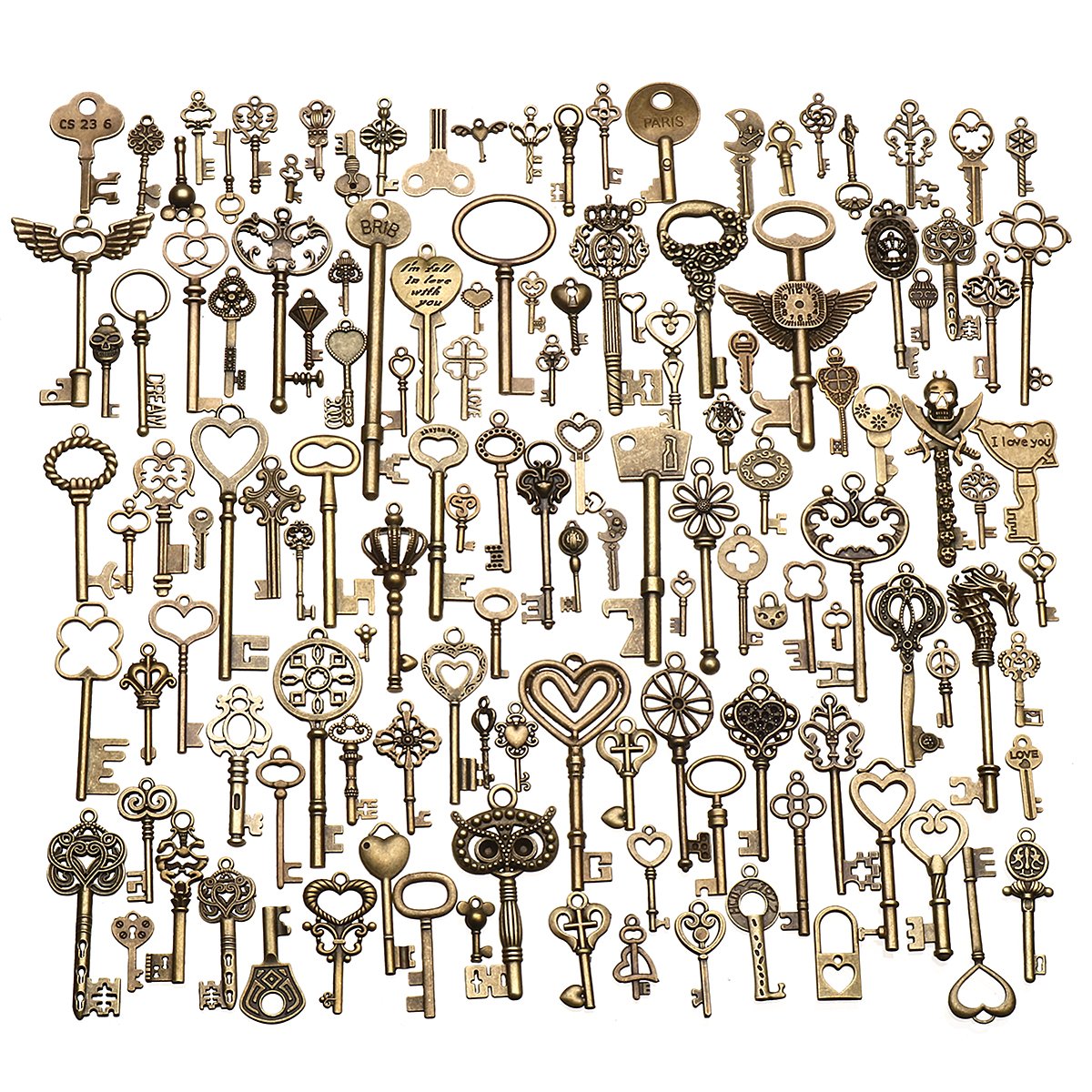 Jeteven 130pcs Retro Schlüssel Anhänger Bronze Silber Vintage Schmuck Basteln Key Kette Halskette Armband antik Deko 10mm-85mm