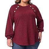 Agnes Orinda Plus Size Tops for Women Long Sleeve Crew Neck Button Decor Lightweight Pullover Blouses