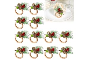cdbz 12 Pieces Christmas Napkin Rings Holder, Wooden Pine Cones Christmas Napkin Holder with Pine Needles,Red Berries Leaves Decor for Xmas Wedding Thanksgiving Birthday Party Banquet Table Supplies