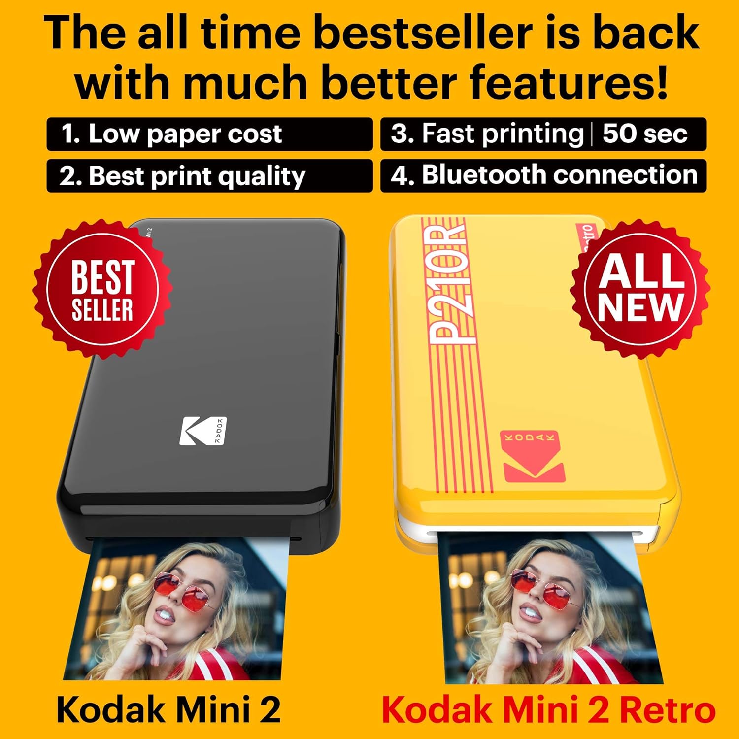 Kodak Mini 2 Retro Portable Instant Photo Printer, Wireless Connection, Compatible with iOS, Android & Bluetooth, Real Photo (2.1 ”x3.4”), 4Pass Technology & Lamination Process, Premium Quality- Black : Electronics