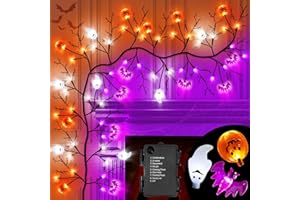 JO.DEVIVRE 7 Ft 63 LED Halloween Decorations Willow Vine Twig Garland with 8 Modes Timer Orange Purple White Lights,7 Pumpkin Bat Ghost, Garland with Battery Operated for Wall Fireplace Halloween Decor