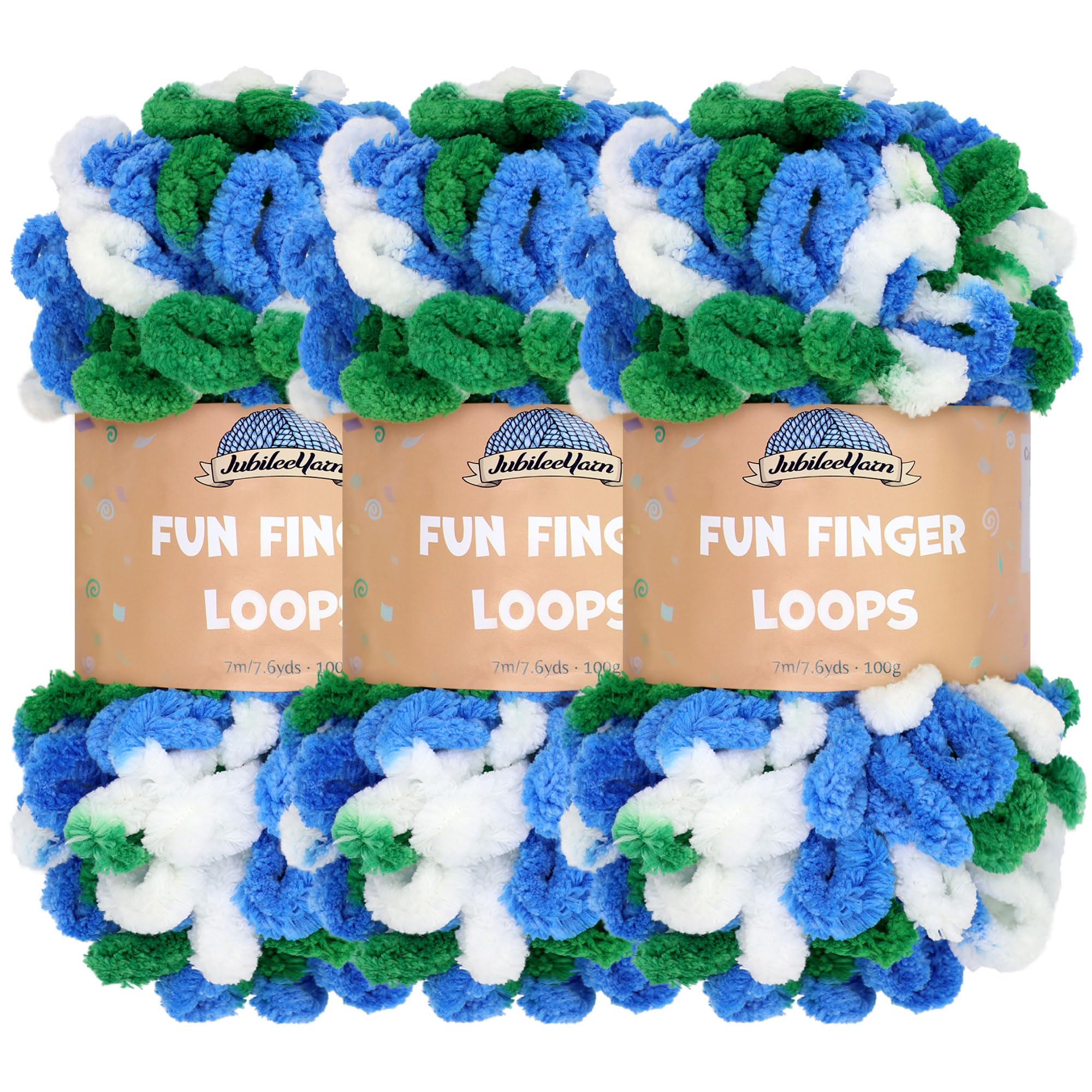 JubileeYarn Fun Finger Loops Yarn - Polyester Jumbo Weight Loop Yarn - 100g/Skein - Blue Green White - 3 Skeins