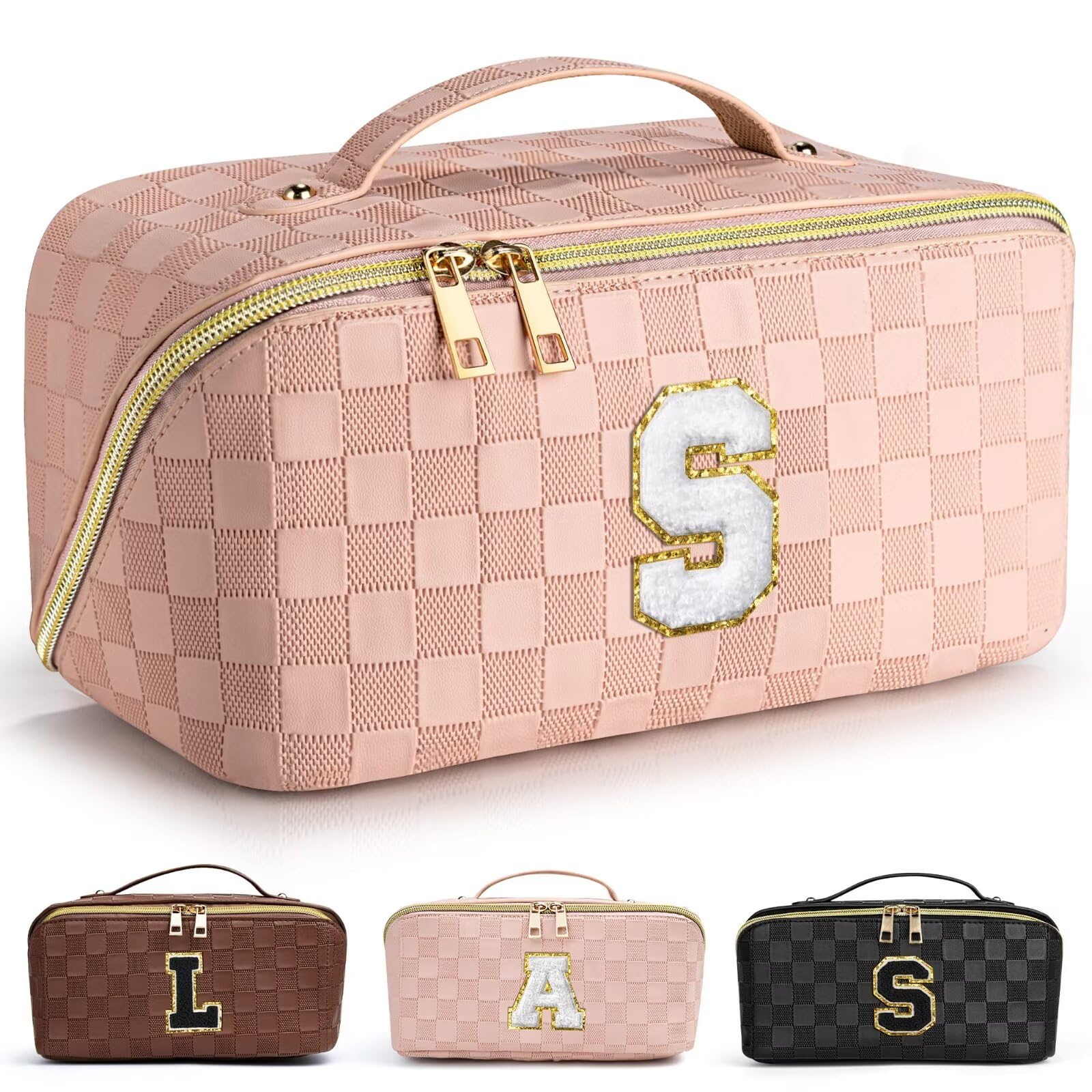 Photo 1 of TOPEAST Travel Makeup Bag Gift for Women, Personalized Initial Makeup Bags Open Flat Checkered Cosmetic Bag Waterproof Leather Toiletry Bag with Strap Divider, S