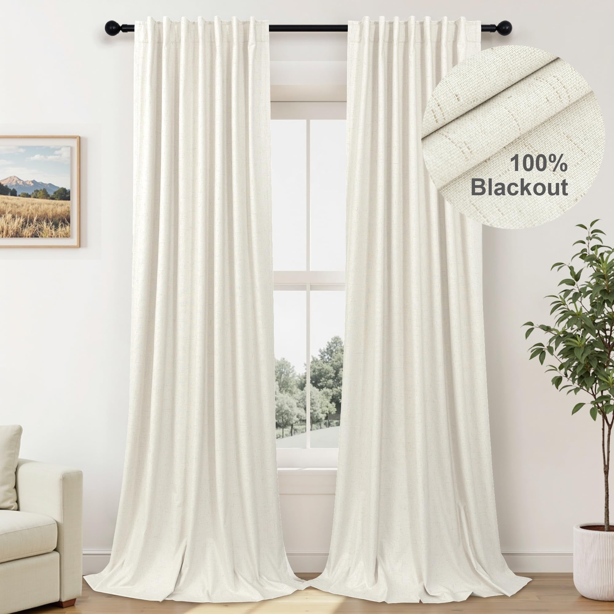 Photo 1 of 100 Inch Curtains Blackout for Bedroom Cooling Black Out Large Window Linen Look Custom Length 100 Inches Long Neutral Cream Colored Sound Proof Heat Blocking Thermal Drapes for Living Room Dorm 2Pcs