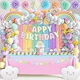 Pastel Rainbow Birthday Decorations 182Pcs Rainbow Party Supplies, Include Pastel Balloon Arch Kit with Rainbow Foil Balloons Streamer Backdrop Tablecloth Banner Garland Cake Toppers Paper Pompoms