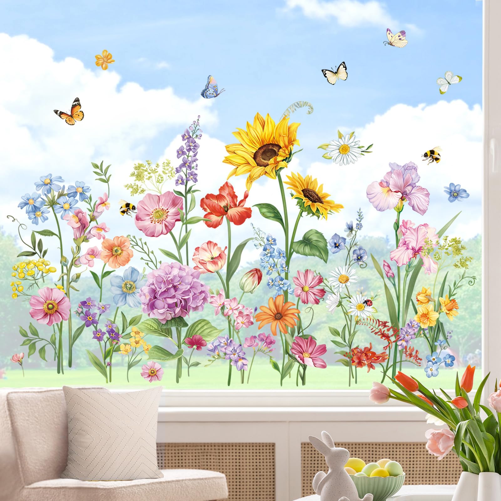 wondever Garden Flowers Window Clings Wildflower Sunflower Iris Floral Butterflies Glass Sticker Decal Anti Collision Double-Side Static Window Stickers for Home Glass Window