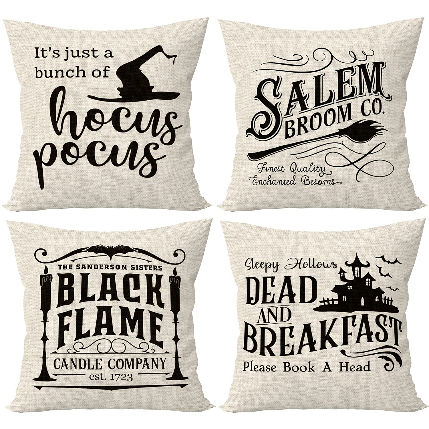 Halloween Throw Pillow Covers Set of 4 with Halloween Decorations Quotes Hocus Pocus Pillow Covers 18 x 18 Inches Home Decor Fall Cotton Linen for Rustic Farmhouse Modern Gray