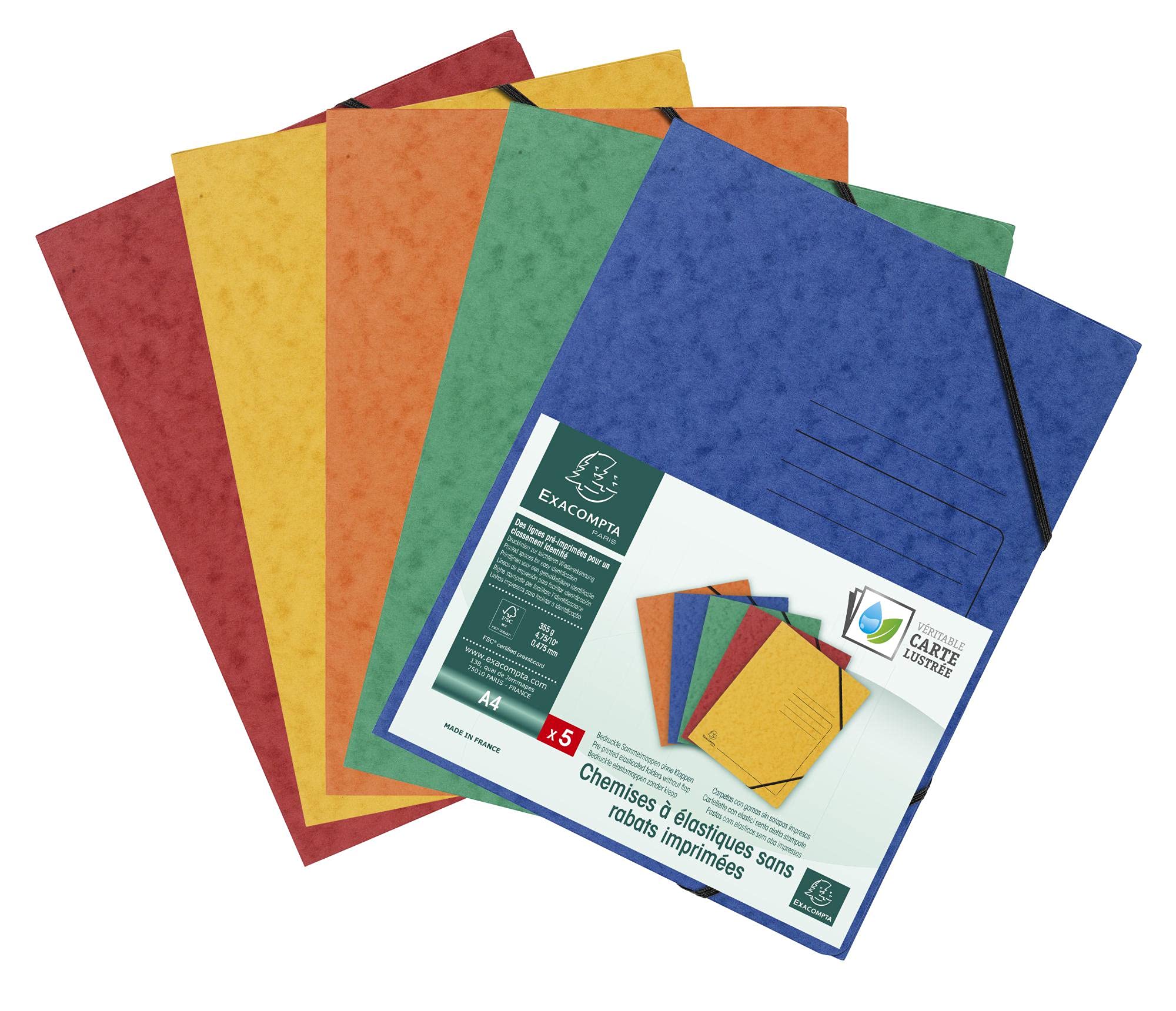 Exacompta - Ref 555410E - Elasticated Folder - 240 x 320mm in Size, Suitable for Holding A4 Documents, 355gsm Mottled Pressboard, Elasticated Straps - Assorted Colours (Pack of 5)