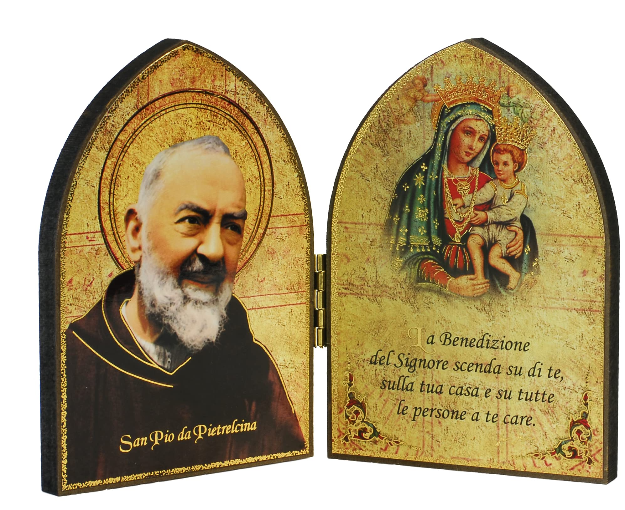 KUSTOM ART Cucuba Diptych Padre Pio and Madonna Laser Print On Wood With Gold Inserts Hot 11x8cm