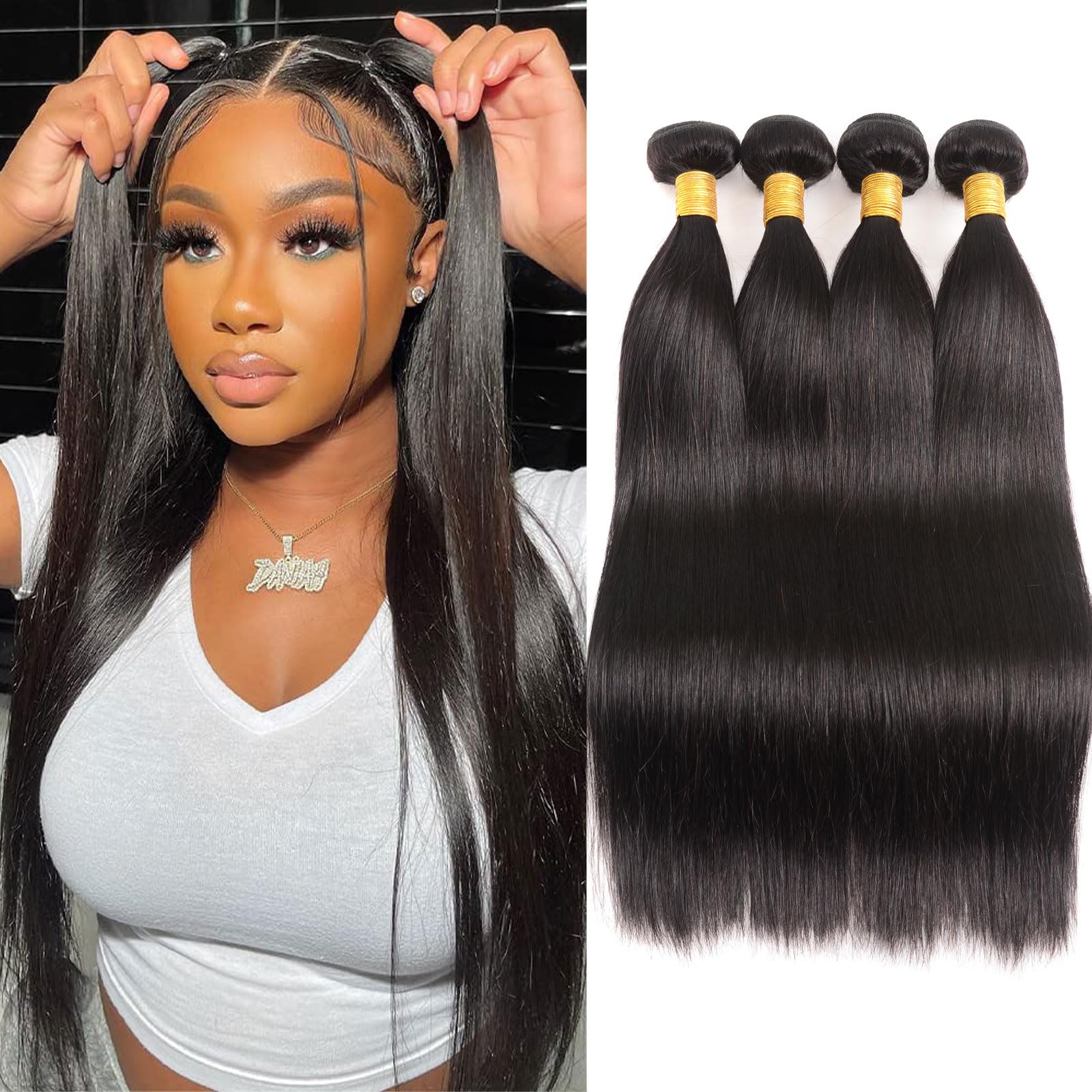 Huarisi Short Straight Bundles Human Hair Bundles 10 12 14 16 Inch 400g Brazilian Virgin Hair Weaves for Black Women 8a 100% Unprocessed Remy Extensions Sew in Weaving for Full Head โ image 1