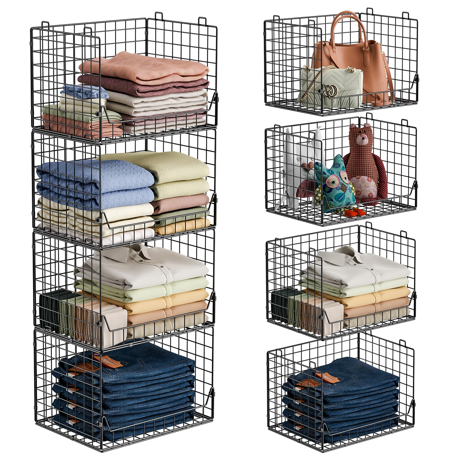 Photo 1 of Jakyitvi 4-Tier Extra Height Stackable Closet Organizer – Foldable Storage Bins for Sweaters, Jeans, and Clothes – Sturdy Iron Mesh Shelves for Neat and Efficient Closet Storage – Black