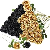 Hoemwarm 36 Pcs Silk Black Gold Rose Bouquet Bridal Artificial Flowers | Fake Silk Rose Stem Realistic Artificial Flowers Bulk for Bridal Wedding Bouquet Ball Arrangement Party Decor