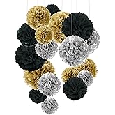 Tissue Paper Pom Poms, Recosis Paper Flower Ball for Birthday Party Wedding Baby Shower Bridal Shower Festival Decorations 18 Pcs - Black, Gold and Silver