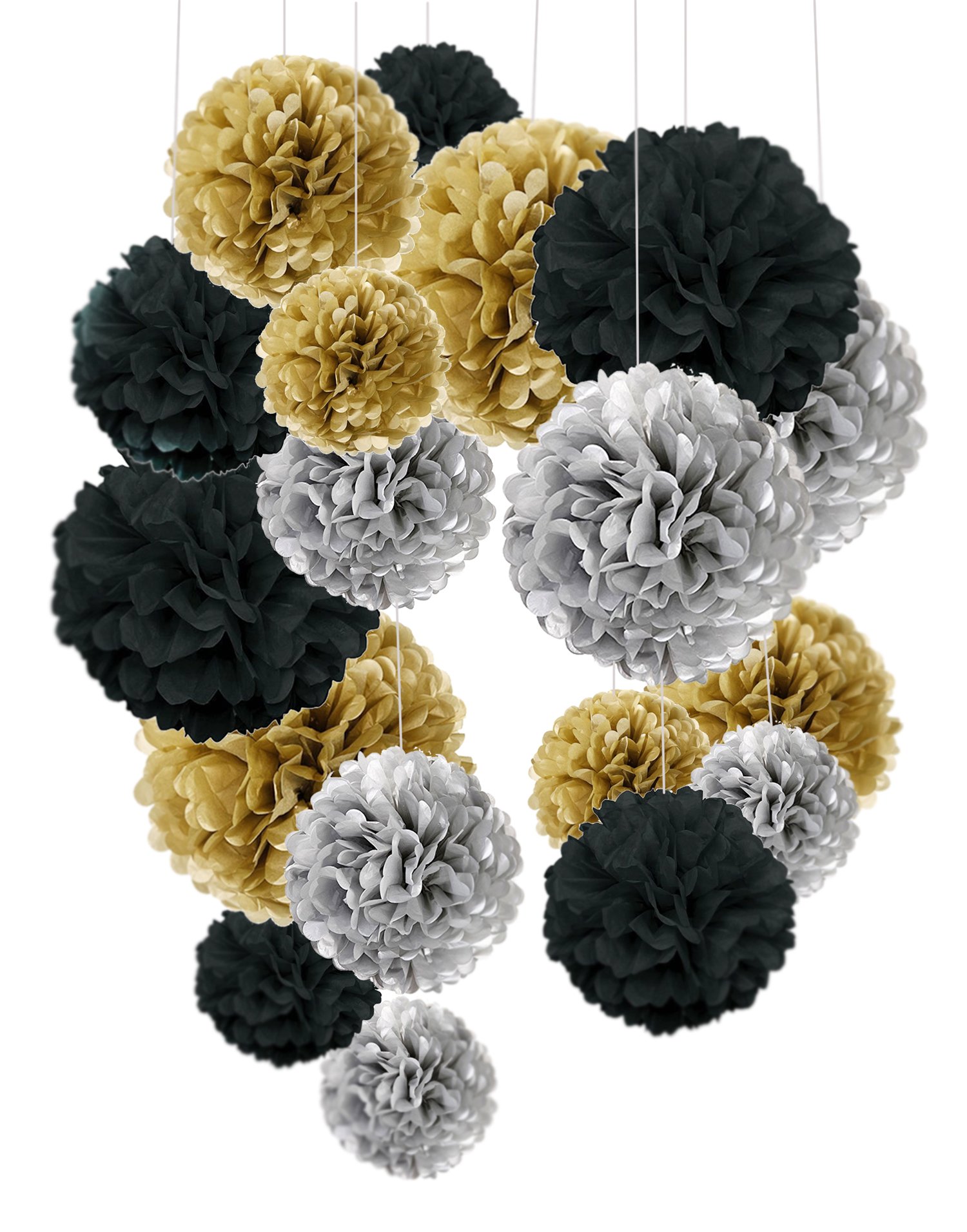 Recosis Tissue Paper Pom Poms, Paper Flower Ball for Birthday Party Wedding Baby Shower Bridal Shower Festival Decorations 18 Pcs - Black, Gold and Silver