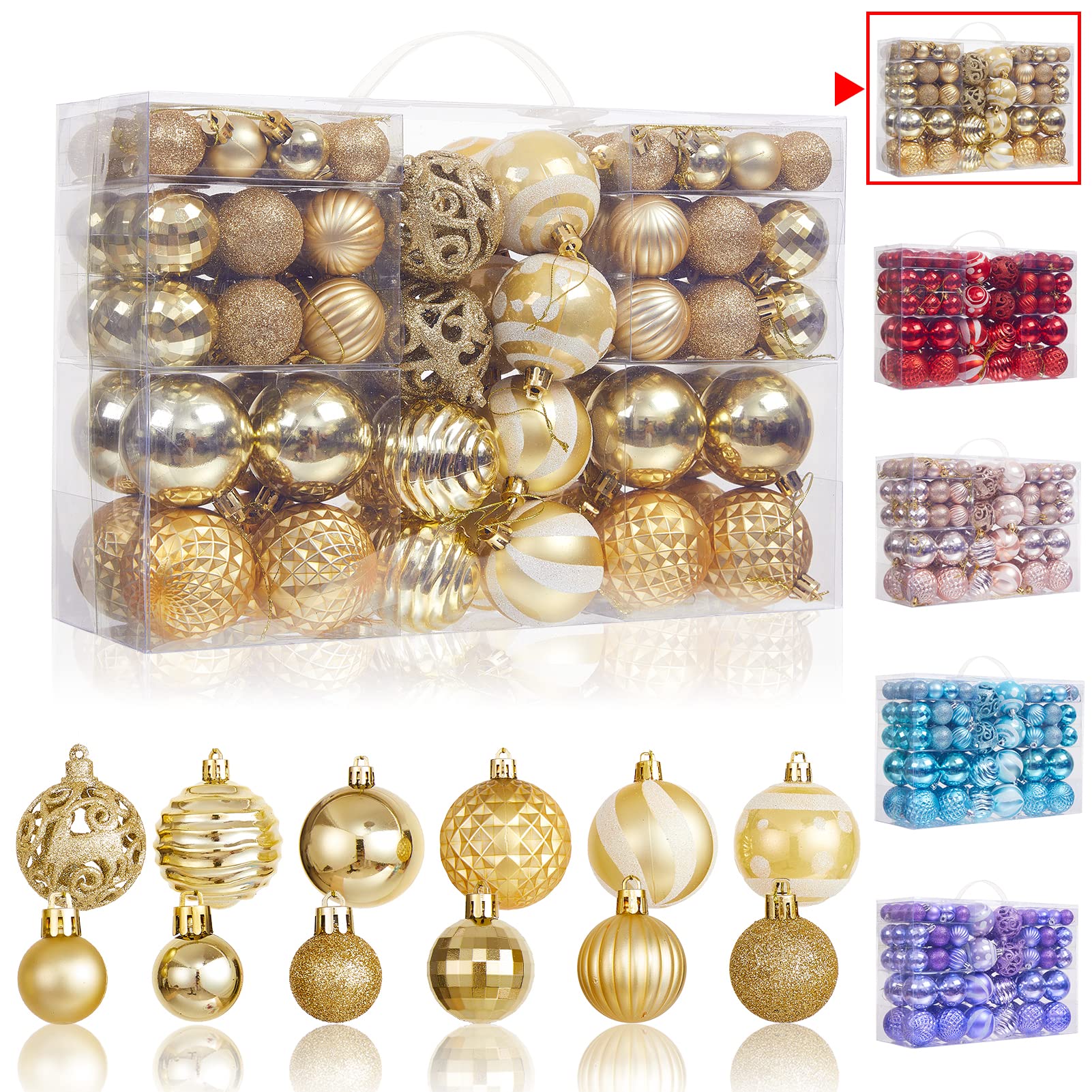 Photo 1 of 100Pcs Christmas Ball Ornaments Set, Assorted Shatterproof Christmas Tree Balls, Decorative Hanging Baubles Set for Holiday Weeding Party Home Decorations, Gold