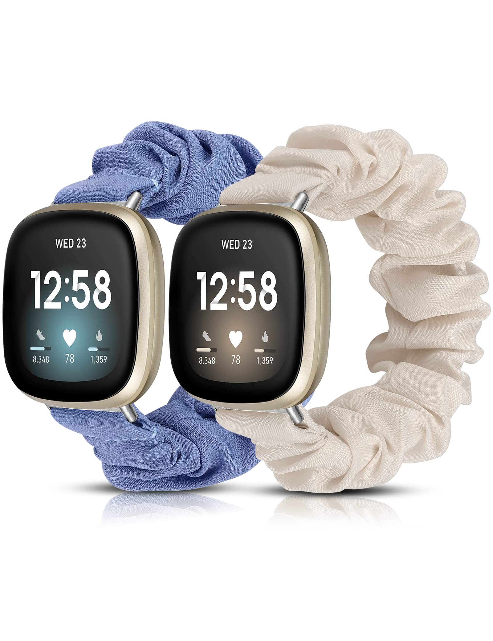 TOYOUTHS 2Pack Scrunchies Compatible with Fitbit Versa 4/Fitbit Sense 2/Fitbit Versa 3/Fitbit Sense Straps, Women Soft Stretchy Elastic Replacement Band, Blue+Starlight, S