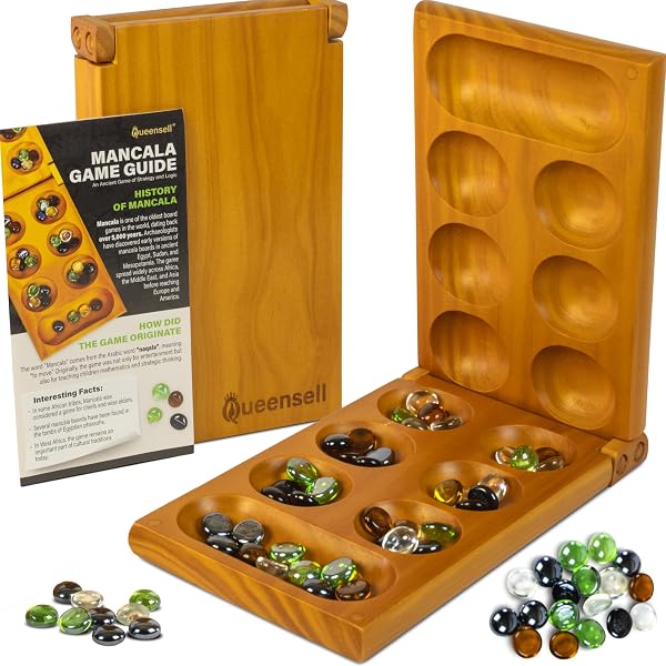 ZUNIPLEX Kalaha – Juego De Mesa De Madera Con Piedras De Colores, Estrategia Clásica Para Niños Y Adultos, Tablero Plegable