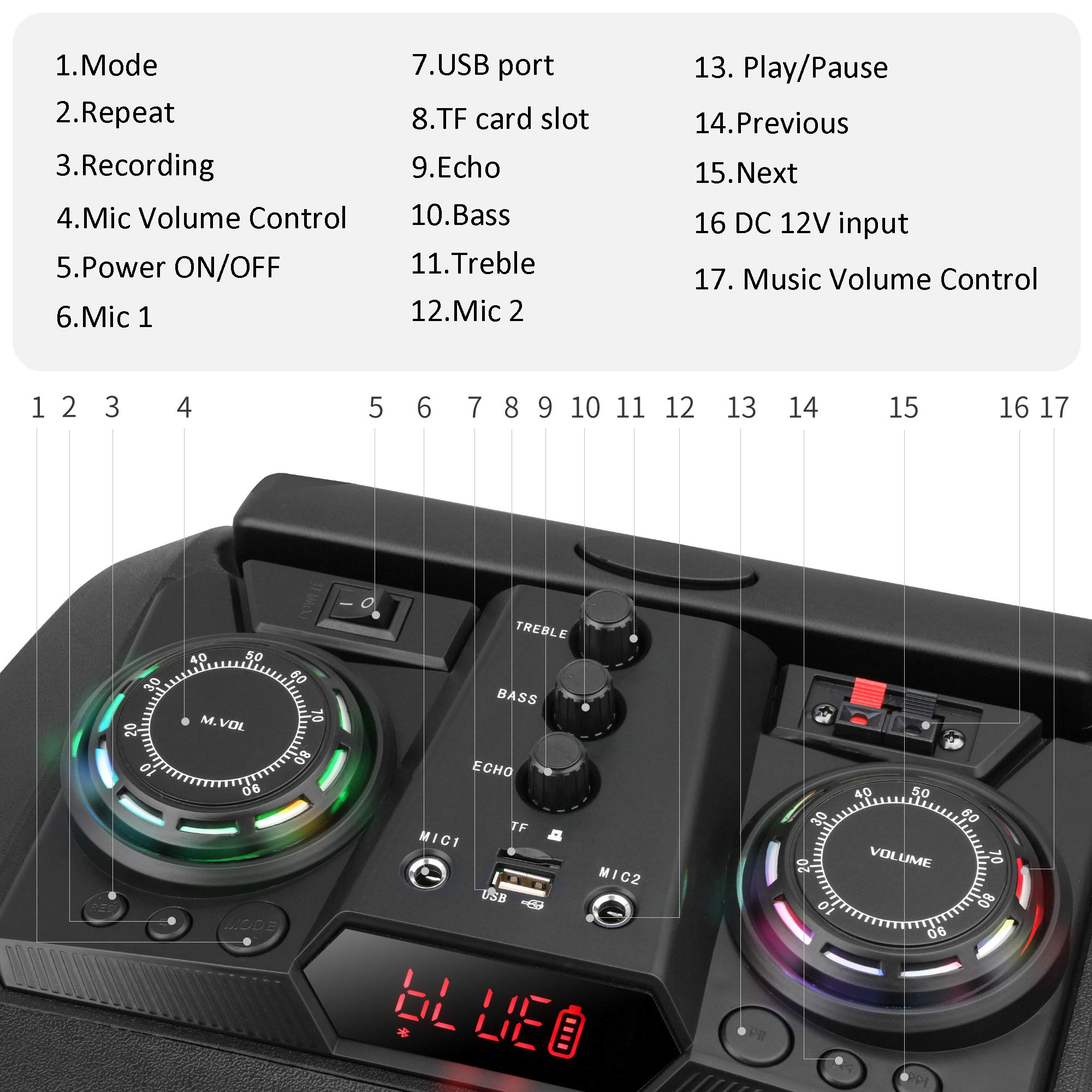 Shinco Bluetooth Karaoke Speaker, 12-inch Subwoofer PA System, Portable Karaoke Machine with Wireless Microphone, Flashing Party Light