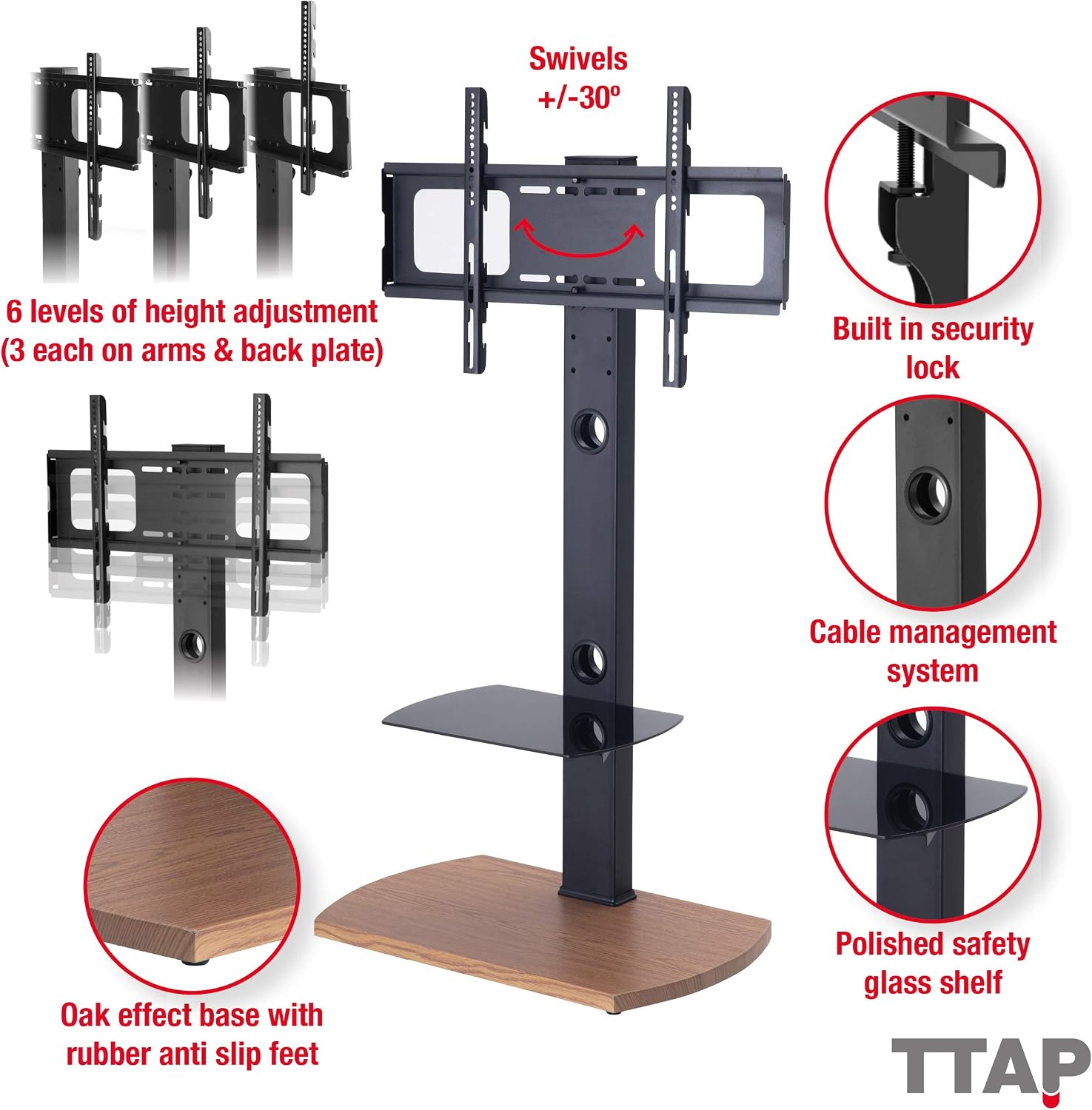 TTAP TV Stand for 32-65 Inch TV’s with Oak Base and Height Adjustable Single Glass Shelf/With Swivel and Height Adjustable Mount Bracket (OAK) - Image 3