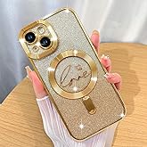 ZIYE Magnetic Case Designed for iPhone 14 Glitter Case Luxury Plating Love Heart Compatible with MagSafe Clear Case with Camera Protector Protection Shockproof Cover for Women Girls-Gold