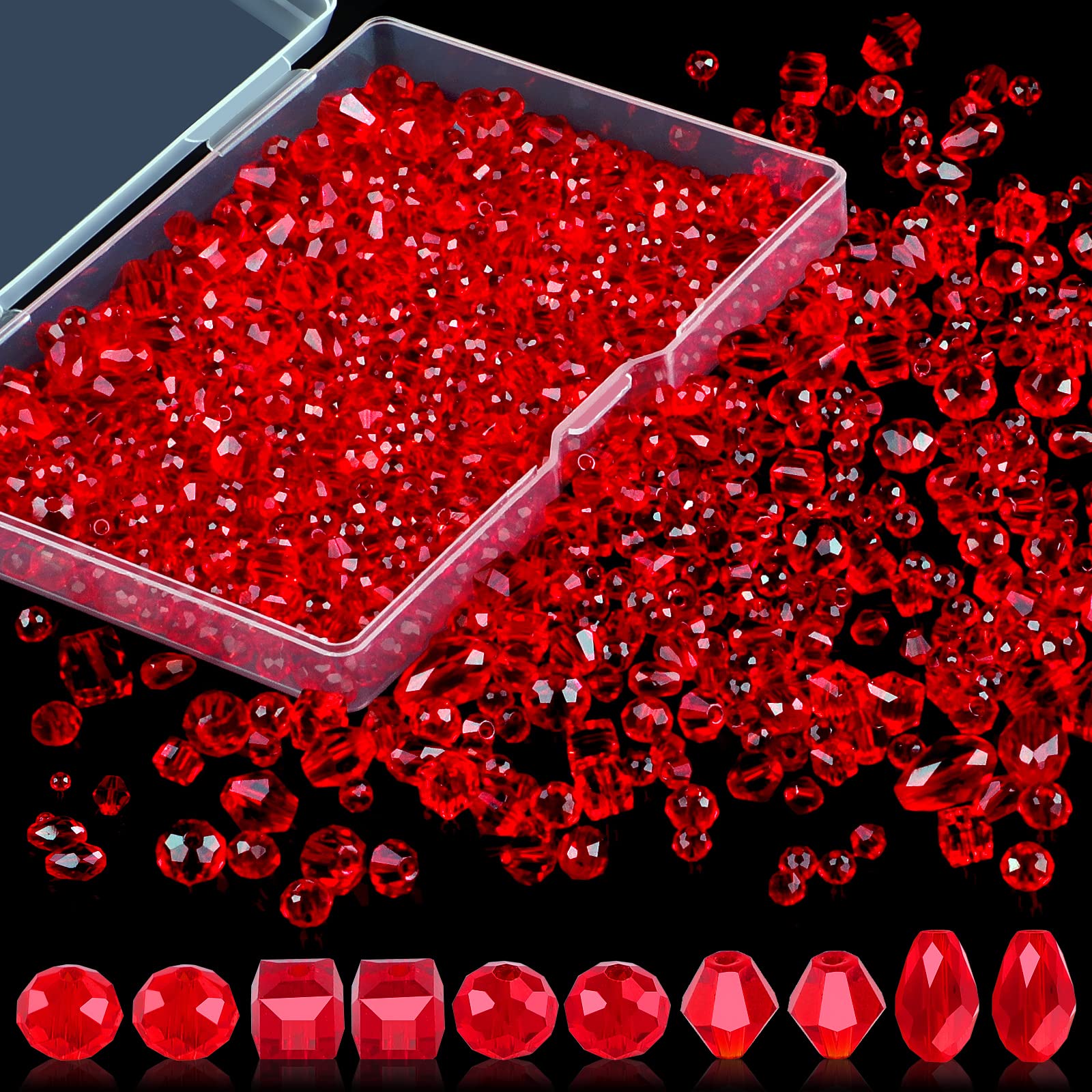 Crystal Beads, 600 Pcs Glass Beads, Assorted Crystal Beads for Jewelry Making, Rondelle Jewelry Beads with Container Box, Glass Beads Bulk for DIY Necklace Bracelet Earring(4/6/8mm, Red Color)