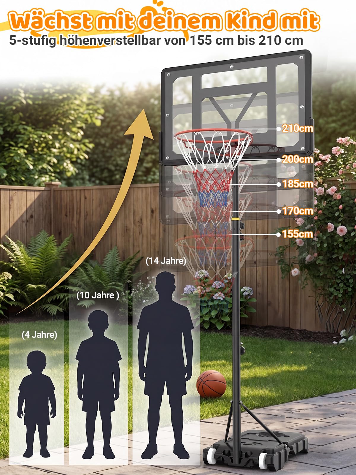 vcloo Basketballkorb Outdoor für Kinder: 155-210 cm Höhenverstellbar für Kinder 4-14 Jahre - Inkl. 2X Netze, Basketball & Pumpe - Basketballkörbe mit Ständer für Indoor Outdoor Garten Hof Garage 3